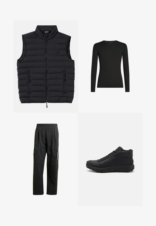 Zwarte puffer vest met hoge kraag, ritssluiting aan de voorkant en twee zijzakken met rits. Gemaakt van gewatteerd, lichtgewicht materiaal.; Zwart, aansluitend shirt met lange mouwen en ronde hals, met subtiel Icebreaker-logo op de linker mouw, weergegeven op een witte achtergrond.; Zwarte cargo-broeken met een elastische tailleband, zijzakken en reflecterende accenten. Gemaakt van lichtgewicht, waterafstotend materiaal.; Zwarte high-top sneakers van gestructureerd leer, voorzien van een dikke rubberen zool met grippatronen en een vetersluiting. Rode accenten op de tong.