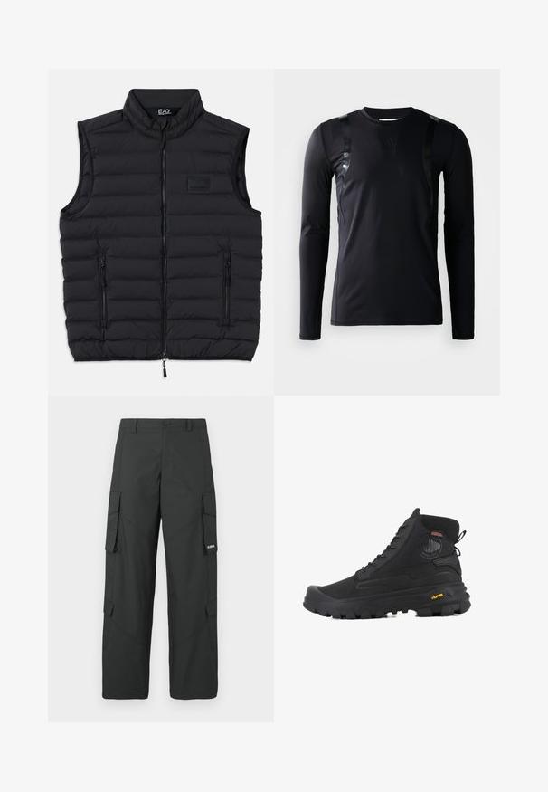 Schwarze Steppweste mit hohem Kragen, Frontreißverschluss und zwei seitlichen Reißverschlusstaschen. Hergestellt aus leichtem, gesteppetem Material.; Schwarzes, langärmliges Sportshirt aus glattem, dehnbarem Stoff. Verfügt über glänzende schwarze Akzente an den Schultern und ein Adidas-Logo auf der Brust.; Schwarze gerade Cargo-Hosen mit seitlichen Klappentaschen, Druckknopfverschluss, Gürtelschlaufen und kleinem weißen Logo auf der Klappentasche rechts.; Schwarze hohe Stiefel mit strukturierten Oberflächen, ausgestattet mit einem wasserdichten Design, Schnürsystem und einer ausgeprägten Gummisohle mit Vibram-Branding.