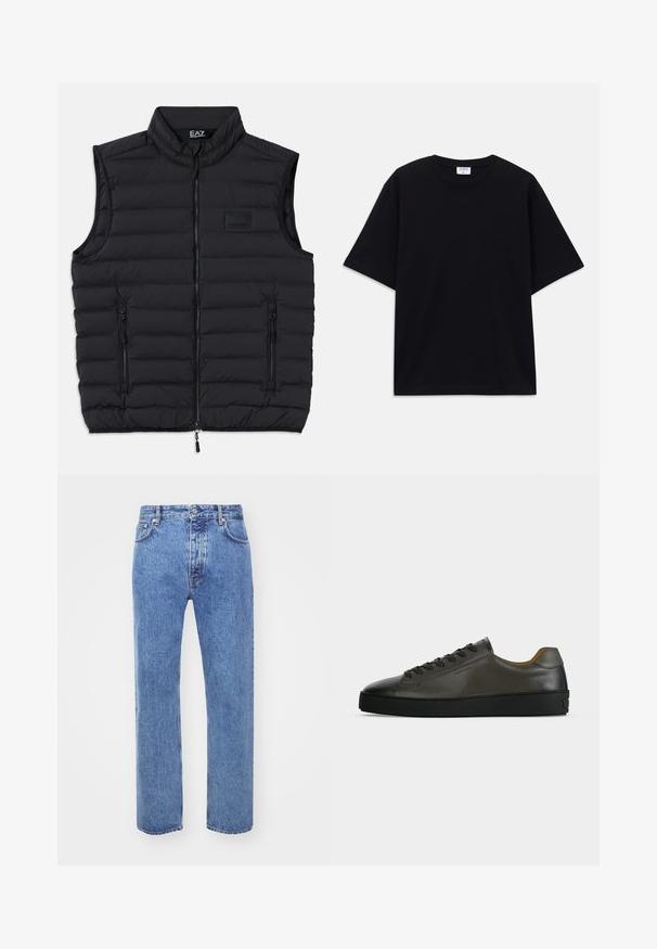 Sort puffer-vest med høj krave, frontlynlås og to lynlåslommer på siden. Fremstillet af quiltet, letvægtsmateriale.; Sort oversized T-shirt med korte ærmer og rund halsudskæring, med synlig Filippa K mærke indeni kraven.; Won Hundred STEVE - Jeans Relaxed Fit - cut blue; Lavtskåret mørkegrå læder sneaker med sorte snørebånd og sål, minimalistisk design, sideprofil på en ensfarvet lys baggrund.