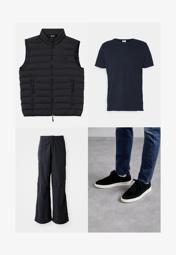 Schwarze Steppweste mit hohem Kragen, Frontreißverschluss und zwei seitlichen Reißverschlusstaschen. Hergestellt aus leichtem, gesteppetem Material.; Marineblaue Baumwoll-T-Shirt mit Rundhalsausschnitt und kurzen Ärmeln, mit einer glatten Oberfläche und einfachem Design, ohne sichtbare Muster oder Akzente.; Schwarze, leichte, weit geschnittene Hosen mit strukturierter Oberfläche. Mit blauen Akzenten und verstellbaren Zügen. Reißverschluss.; Schwarze Wildledersneaker mit einer weißen Gummisohle, die ein klassisches Low-Top-Design, eine abgerundete Spitze und flache schwarze Schnürsenkel aufweisen.