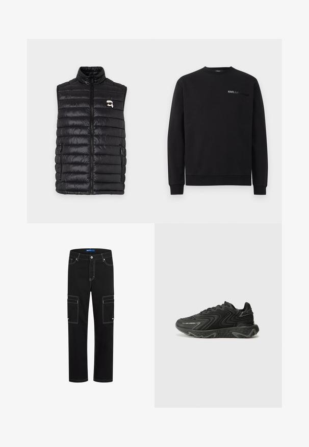 Sort polstret vest med høj krave, frontlynlås, to sidelommer og et lille logo på brystet. Glat, let materiale.; Sort sweatshirt lavet af en blanding af bomuldsstof. Har en rund halsudskæring, lange ærmer, ribbede manchetter og et tonet "KARL LAGERFELD" logo på brystet.; Sorte cargo bukser med hvid syning, med to forlommer og to sidelommer. Lavet af slidstærkt stof, lige ben design.; Sorte sneakers med en bølget tekstur og grå detaljer. Har en snørebåndsdesign og en chunky, skulptural sål. Branding er synlig på siden.