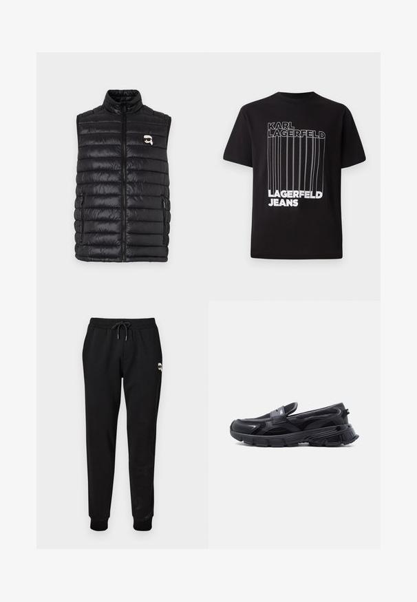 Gilet rembourré noir avec col montant, fermeture zip sur le devant, deux poches latérales et un petit logo sur la poitrine. Matière lisse et légère.; T-shirt noir en coton avec le texte en caractères blancs "KARL LAGERFELD" et "LAGERFELD JEANS" ainsi qu'un détail en ligne verticale ; col rond standard.; Pantalon de survêtement noir avec une taille élastique et un cordon de serrage ajustable. Présente des poignets côtelés et un petit détail graphique sur la cuisse.; Baskets noires à enfiler avec semelle épaisse texturée et panneaux en maille, conçues pour un usage décontracté et sportif.