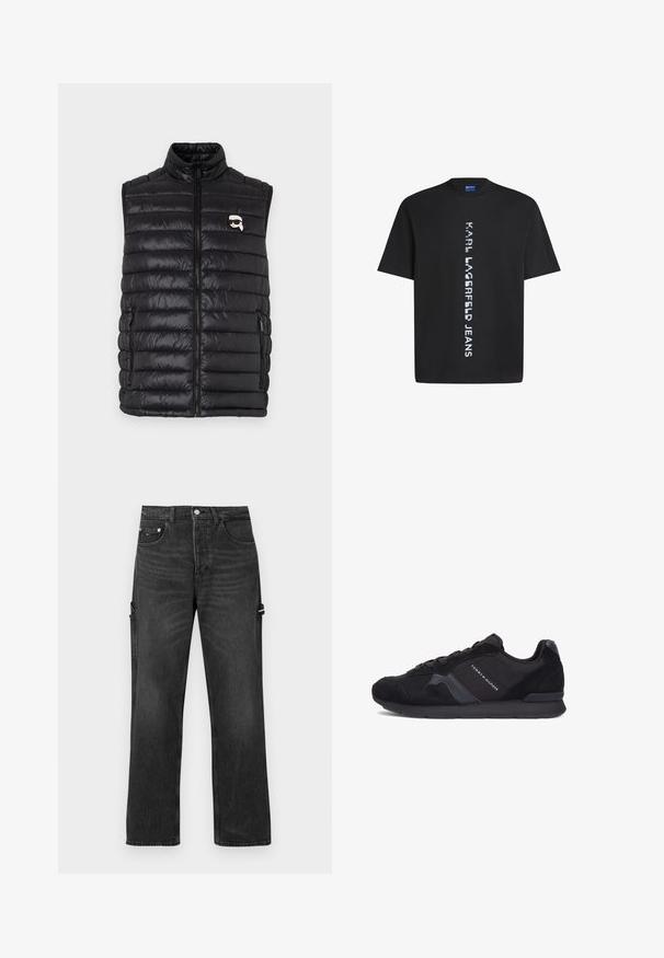 Zwarte gewatteerde vest met hoge halslijn, voorkant met ritssluiting, twee zijzakken en een klein logo op de borst. Gladde, lichtgewicht stof.; Zwarte katoenen t-shirt met verticale witte tekst "KARL LAGERFELD JEANS." Klassieke ronde hals en korte mouwen. Soepele textuur.; Zwarte denim jeans met een rechte poot ontwerp, voorzien van zijzakken en subtiele stikdetails. Glad textuur met een licht vervaagde afwerking.; Zwarte atletieksneakers met een mix van suède en mesh materialen, een ronde neus, platte rubberen zool en merklogo aan de zijkant.