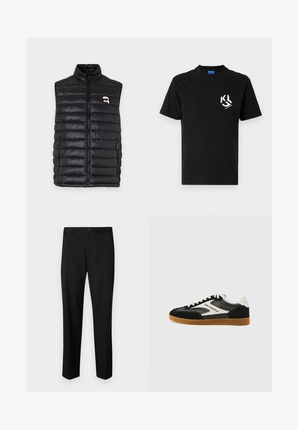 Gilet rembourré noir avec col montant, fermeture zip sur le devant, deux poches latérales et un petit logo sur la poitrine. Matière lisse et légère.; T-shirt en coton noir avec un motif blanc sur le côté gauche de la poitrine. Col rond, manches courtes et coupe classique.; Pantalons noirs ajustés avec une coupe plate, taille standard et jambes droites. Fabriqués en tissu lisse, dotés d'une fermeture à un bouton.; Baskets basses noir et blanc en matériaux daim et cuir, avec une semelle en caoutchouc gomme et un détail logo "Karl Lagerfeld".