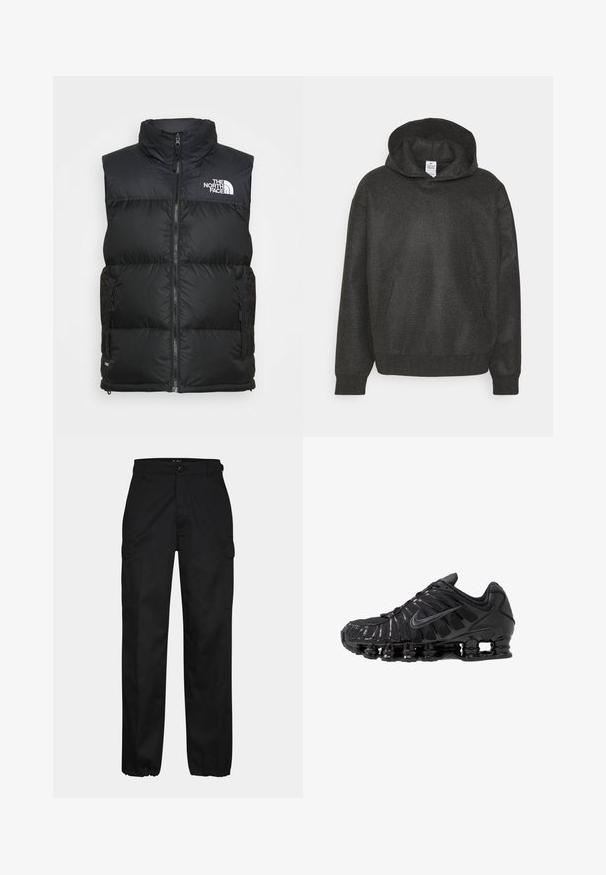 Must must vest kõrge kaelusega, lukuga ja küljetaskutega. Rinnal on The North Face'i valge logo.; Kapütsiga sweatshirt tekstureeritud tumashallast kangast, millel on eesmine tasku ja soonikkoes varrukate ja helveste serv, tagades mugava istuvuse.; Mustad sirgedega mustad cargo-püksid, sirge lõikega, küljetaskutega, nupuga lukuga ja elastsete varrukaotsadega kummidel. Valmistatud vastupidavast kangast.; Mustad võrgu- ja sünteetilisest materjalist sportlikud jalanõud, millel on eriline laineline disain, must kummist talla ja peegeldavad lisandid.