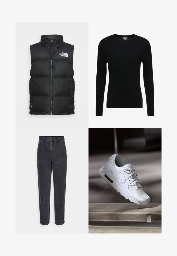 Must must vest kõrge kaelusega, lukuga ja küljetaskutega. Rinnal on The North Face'i valge logo.; Musträkk musta pikem käisteta särk, ümar kaelus; tekstureeritud kangas on horisontaalsete joontega; keha lähedane siluett; ilma nähtavate kaunistuste või aksessuaarideta.; Mustad teksad kõrge vöökoht, sirge sääre lõike ja suurte eespool olevate taskutega. Omab kontrastset õmblust ja nähtavad logod puuduvad.; Valged Nike Air Max 90 sneakers, millel on võrkkangast ja nahast ülemine osa, aukudega varbadosa ning nähtav õhuüksus kandades.