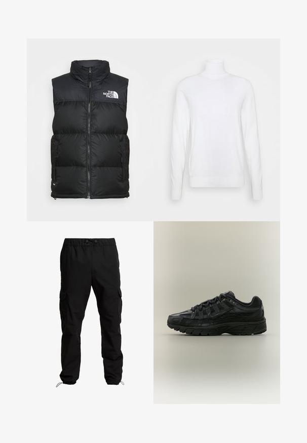 Zwarte gewatteerde vest met hoge kraag, ritsluiting en zijzakken. Bevat het witte logo van The North Face op de borst.; Witte coltrui met lange mouwen, gemaakt van een zachte stof. Heeft een aansluitend ontwerp en geribde manchetten en zoom. Geen patronen of accenten.; Zwarte cargobroek van duurzaam materiaal, met een elastische tailleband, verstelbare trekkoorden en zijzakken met kleppen.; Zwarte Nike hardloopschoen met mesh en synthetische bovenkant, vetersluiting en gestructureerde zool, weergegeven vanuit een linkerkant op een effen achtergrond.