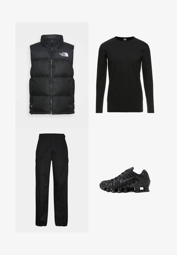 Sort polstret vest med høj krave, lynlåslukning og sidelommer. Udsmykket med The North Faces hvide logo på brystet.; Urban Classics STRETCH TERRY - Langærmet T-shirt - black; Sorte cargo bukser med lige pasform, der har sidelommer, knaplukning og elastiske manchetter ved anklerne. Fremstillet af slidstærkt stof.; Sorte atletikskoser lavet af mesh og syntetiske materialer, med et karakteristisk bølget design, sort gummisål og reflekterende detaljer.