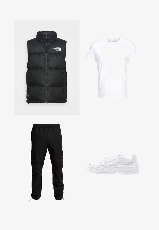 Musta pehmeä liivi, jossa on korkea kaulus, vetoketjukiinnitys ja sivutaskut. Rinnassa on The North Face -brändin valkoinen logo.; Valkoinen puuvillapaita, jossa on pyöreä pääntie ja lyhyet hihat. Klassinen istuvuus ja sileä pinta. Ei näkyviä kuvioita tai varusteita.; Mustat cargo-housut, jotka on valmistettu kestävästä kankaasta. Housuissa on joustava vyötärö, säädettävät nauhat ja sivutaskut lippa sulkimilla.; Nike Sportswear P 6000 - Matalavartiset tennarit - white/platinum tint