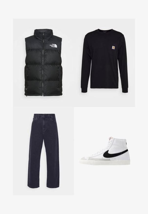 Sort polstret vest med høj krave, lynlåslukning og sidelommer. Udsmykket med The North Faces hvide logo på brystet.; Sort langærmet skjorte lavet af bomuld. Har en brystlomme med en kvadratisk grå etiket og orange logo. Enkel, ensfarvet design.; Mørk vaske denim jeans med en bred ben silhuet, høj talje og fem-lomme design. Har en klassisk knap- og lynlåslukning.; Hvide høje sneakers med et sort swoosh, struktureret grå tåhætte og flad hvid sål. Har seks snørrehuller og syede detaljer.
