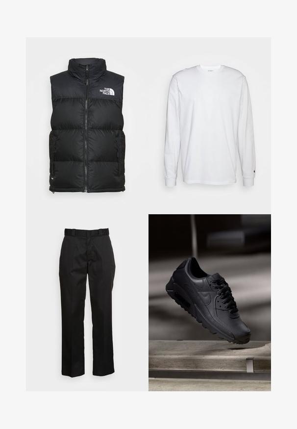 Must must vest kõrge kaelusega, lukuga ja küljetaskutega. Rinnal on The North Face'i valge logo.; Valge pika varrukaga T-särk, mis on valmistatud puuvillast. Ümmargune kaelus, ribaga mansetid ja väike logo vasakul varrukal. Sile tekstuur.; Mustad püksid, mis on valmistatud siledast kangast, sirge säärega disainiga, vöökummide ja kahe külje taskuga. Klassikaline välimus ilma kaunistusteta.; Mustad musta Nike Air Max tossud, millel on tekstuuriga nahk, kummist välistald ja silmapaistev paeltesüsteem, esitades voolujoonelist ja modernset disaini.
