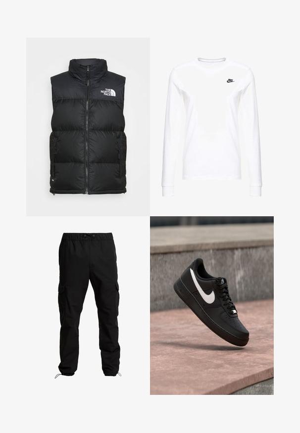 Must must vest kõrge kaelusega, lukuga ja küljetaskutega. Rinnal on The North Face'i valge logo.; Valge pikkade varrukatega T-särk, mis on valmistatud puuvillast, vasakul rinnal on väike must Nike logo ja ümar kaelus. Sile tekstuur.; Mustad mustad püksid, mis on valmistatud vastupidavast kangast, elastse vöökoha, reguleeritavate nööridega ja küljetaskutega klappide sulgemisega.; Mustad Nike Air Force 1 tossud, millel on valge Swooshi logo, hõljuvad kivipinna kohal ja taustal on hall tekstuuriga sein.