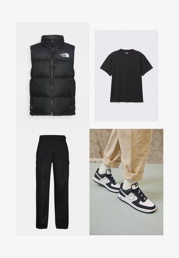 Musta pehmeä liivi, jossa on korkea kaulus, vetoketjukiinnitys ja sivutaskut. Rinnassa on The North Face -brändin valkoinen logo.; Mustat lyhythihaiset t-paidat, jotka on valmistettu puuvillasta. Ominaisuuksiin kuuluu pyöreä kaula-aukko ja rento istuvuus. Yksinkertainen muotoilu ilman näkyviä kuvioita tai koristeita.; Mustat cargo-housut suoran istuvuuden omaavina, joissa on sivutaskut, nappikiinnitys ja joustavat hihnat nilkoissa. Valmistettu kestävästä kankaasta.; Mustat ja valkoiset Nike Air Force 1 -tennarit, joissa on nahkavarsi, rei'itetty varvas ja teksturoitu pohja, käytetty vaaleanbeigejen käännettyjen housujen ja valkoisten sukkien kanssa.