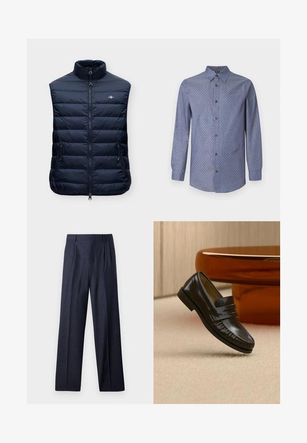 Veste sans manches matelassée bleu marine avec col montant, fermeture éclair à l'avant, deux poches latérales zippées et petit logo sur la poitrine.; Chemise bleu à manches longues avec un petit motif de lettres blanches, col italien et boutons noirs sur le devant.; Pantalons en laine bleu marine avec une coupe ajustée, présentant un devant plissé et des jambes larges. Texture lisse et lignes épurées, adaptés aux occasions formelles.; Mocassin en cuir noir brillant avec un détail de bride, posé sur un tapis beige près d'une table basse ronde en bois brun dans une pièce doucement éclairée.