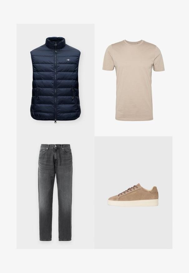 Veste sans manches matelassée bleu marine avec col montant, fermeture éclair à l'avant, deux poches latérales zippées et petit logo sur la poitrine.; T-shirt en coton beige, manches courtes, col rond, texture lisse, design sans coutures, tissu léger, sans logos ni motifs visibles.; Jean en denim gris avec un design à jambe droite, cinq poches, coutures visibles et fermeture à bouton. Présente un petit logo sur la ceinture.; Baskets en daim beige avec une toe ronde, semelle en caoutchouc crème et lacets marron. Présente un logo de marque en relief sur le côté et un matériau texturé.
