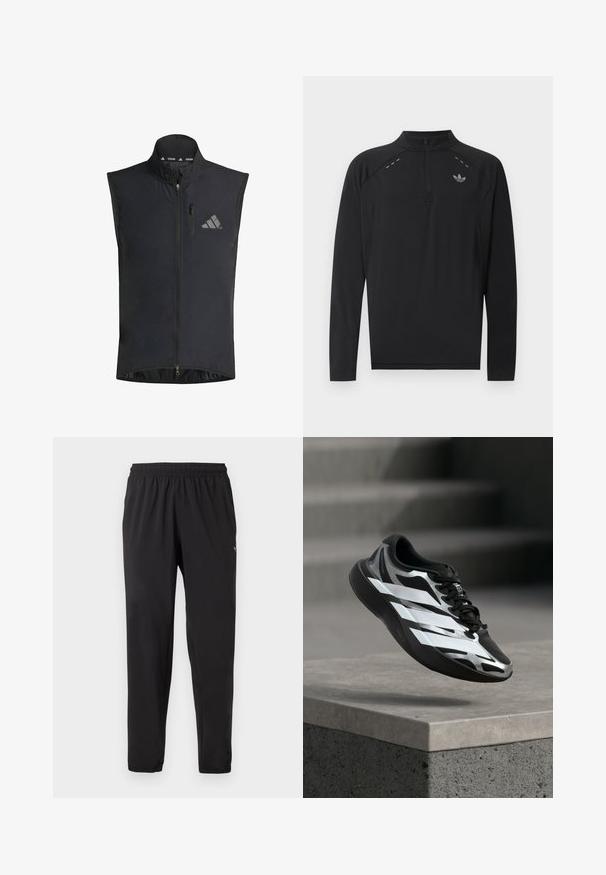 Gilet de cyclisme noir en tissu léger, doté d'une fermeture à glissière sur le devant, d'un col montant et d'un détail de logo réfléchissant sur la poitrine.; Haut de sport noir à manches longues avec zip quart, col haut, logo adidas réfléchissant sur la poitrine et petits détails de couture réfléchissants aux épaules.; Pantalon de sport noir avec taille et poignets élastiques, logo discret sur la partie supérieure de la cuisse gauche, coupe droite.; Chaussure de sport noire et argentée avec des bandes blanches en l'air au-dessus d'un rebord en béton, marches d'escalier floues en arrière-plan.