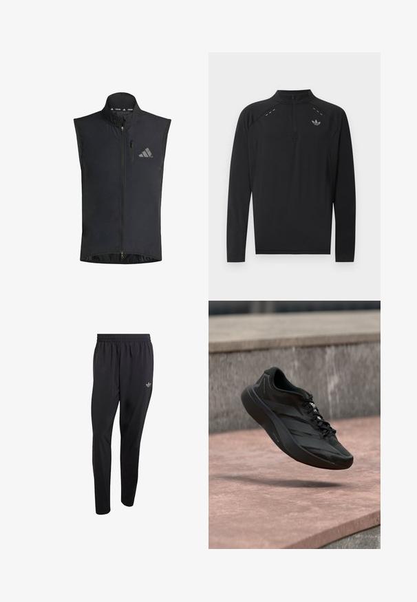 Gilet de cyclisme noir en tissu léger, doté d'une fermeture à glissière sur le devant, d'un col montant et d'un détail de logo réfléchissant sur la poitrine.; Haut de sport noir à manches longues avec zip quart, col haut, logo adidas réfléchissant sur la poitrine et petits détails de couture réfléchissants aux épaules.; Pantalon de sport noir en tissu léger, doté d'une taille élastique et d'un petit logo embossé en haut de la jambe gauche.; Chaussure de course moderne noire en suspension au-dessus de marches en béton rose avec un fond en pierre grise, mettant en valeur sa semelle et les détails de son design.