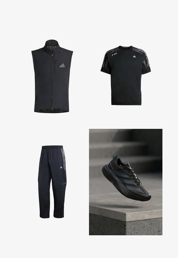 Gilet de cyclisme noir en tissu léger, doté d'une fermeture à glissière sur le devant, d'un col montant et d'un détail de logo réfléchissant sur la poitrine.; T-shirt de sport noir en tissu léger, avec des panneaux en maille sur les épaules, des manches courtes et des logos blancs adidas et F50.; Pantalon de sport noir avec taille élastique, présentant des rayures latérales grises, un panneau texturé et un design de jambe fuselée.; Chaussure de course noire légère au design épuré, empeigne texturée, système de laçage proéminent et accents réfléchissants, présentée en plein vol.