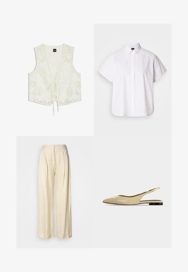 Débardeur blanc sans manches en dentelle à motifs floraux, col en V profond et fermetures à nouer sur le devant, par BOSS.; Chemise blanche à manches courtes, à boutons, avec un col pointu et un ourlet arrondi. Fabriquée en coton, elle possède une texture lisse et sans motifs visibles.; Pantalon en soie crème taille haute avec plis, jambes larges et fermeture éclair avant dissimulée sur un fond blanc uni.; Chaussure plate beige à bout pointu avec bride arrière, petit talon noir et finition en cuir lisse, vue de côté sur un fond uni.
