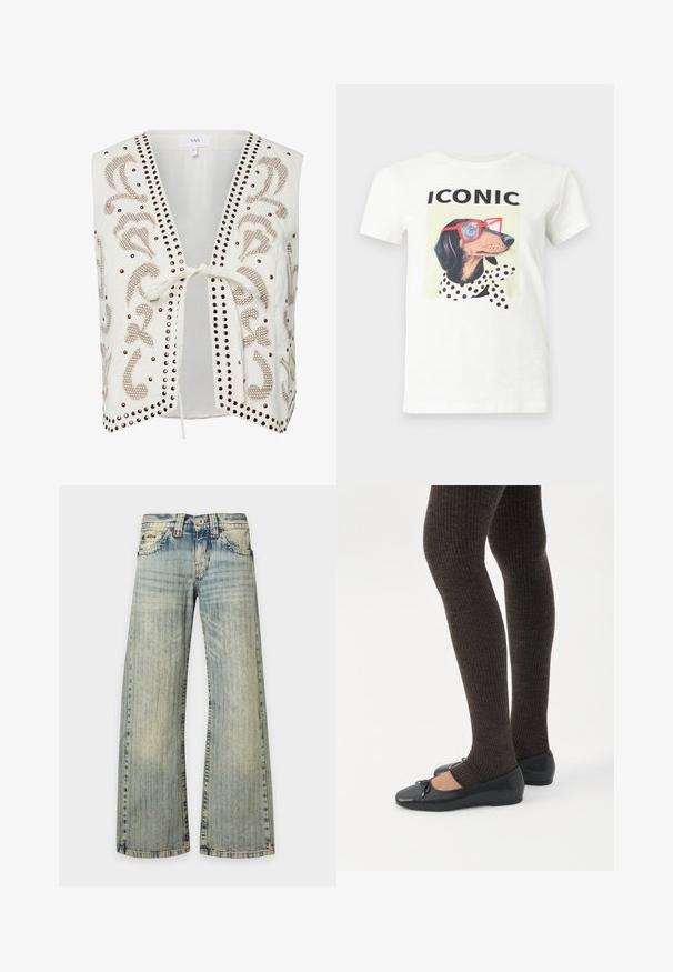 Wit mouwloos vest met bruine studs details en geborduurde bloemenpatronen, met een striksluiting aan de voorkant en een open voorkant.; Wit T-shirt met een print van een teckel met rode bril en een polkadot sjaal, met het woord "ICONIC" boven de hond.; Lichtblauwe denim jeans met een vervaagd verticaal streeppatroon, voorzakken, knoopsluiting en brede rechte pijpen.; Benen met donkere geribbelde leggings gecombineerd met zwarte ballerina's met kleine strikdetails op een witte achtergrond.