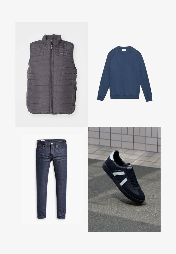 Gilet matelassé gris avec des coutures verticales, col haut et fermeture éclair à l'avant. Comprend deux poches latérales et un petit logo sur la poitrine.; Sweatshirt bleu à manches longues, col rond, avec des manches raglan, des poignets et un ourlet côtelés, et un petit détail en « X » brodé sous l'encolure.; Jean slim-fit Levi's Performance bleu foncé avec cinq poches et coutures visibles sur fond blanc.; Sneaker en cuir noir avec des rayures blanches, semelle en caoutchouc texturée et devant à lacets. Présente une étiquette de marque sur la languette.