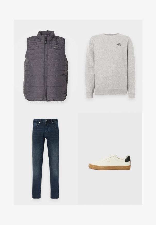 Grijze gewatteerde vest met verticale stiksels, hoge kraag en ritssluiting aan de voorkant. Bevat twee zijzakken en een klein logo op de borst.; Grijze sweatshirt gemaakt van een katoenmix, met een ronde hals en geribbelde manchetten. Een klein zwart diamantlogo is geborduurd op de borst.; Donkerblauwe denim jeans met een rechte pasvorm, voorzien van een ontwerp met vijf zakken, knoopsluiting aan de voorkant en lichte vervaging op de dijen.; Witte canvas sneaker met een gum rubberen zool, zwart accent op de hiel, ronde neus en vetersluiting. Bevat het merlogo in goud aan de zijkant.