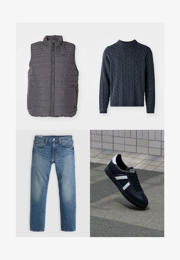 Grijze gewatteerde vest met verticale stiksels, hoge kraag en ritssluiting aan de voorkant. Bevat twee zijzakken en een klein logo op de borst.; Donkerblauwe gebreide trui met een kabelpatroon, ronde hals en geribde manchetten en onderkant. Gemaakt van een textuurstof voor warmte.; Blauwe spijkerbroek met een rechte pasvorm, met vervaging op de dijen, vijf zakken en een zilveren knoopsluiting in de taille.; Zwarte leren sneaker met witte strepen, een gestructureerde rubberen zool en vetersluiting aan de voorkant. Voorzien van een merklabel op de tong.
