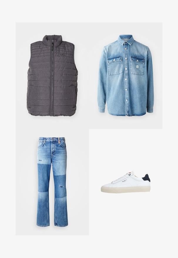 Grå polstret vest med lodret syning, høj krave og lynlås foran. Har to sidelommer og et lille logo på brystet.; Lys blå denimskjorte med lange ærmer, spidse krave, to brystlommer og frontknaplukning. Har en subtil stoftekstur og syningsdetaljer.; Blå denim jeans med vidde, med et patchwork-design, der har lysere og mørkere nuancer, slidte detaljer og en traditionel fem-lomme-stil.; Hvid lavtop-sneaker med beige sål, hvide snørebånd, sort hælkappe og "Pepe Jeans London"-logo på siden.