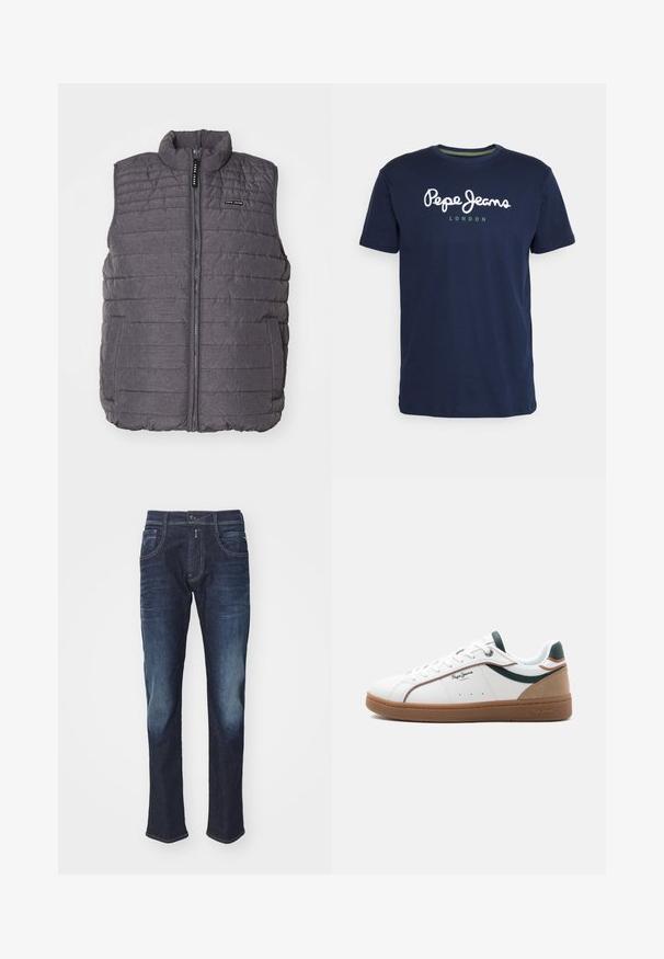 Grijze gewatteerde vest met verticale stiksels, hoge kraag en ritssluiting aan de voorkant. Bevat twee zijzakken en een klein logo op de borst.; Marineblauwe katoenen t-shirt met een ronde hals en korte mouwen. Inclusief witte "Pepe Jeans" tekst en "LONDEN" in het groen eronder.; Donkerblauwe denim jeans met voorkruiszakken, een knoop en subtiele vervaagde plekken op de dijen en knieën tegen een effen lichte achtergrond.; Witte lage sneaker met een bruine zool, groene en beige accenten, witte veters en het "Pepe Jeans London"-logo aan de zijkant.