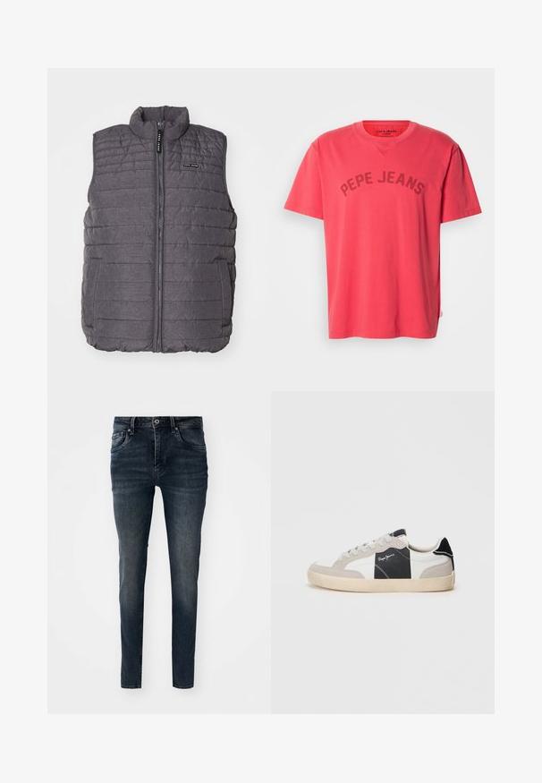 Grå polstret vest med lodret syning, høj krave og lynlås foran. Har to sidelommer og et lille logo på brystet.; Koralfarvet bomulds-T-shirt med korte ærmer og rund halsudskæring. Har "PEPE JEANS" trykt i mørke bogstaver hen over brystet.; Mørkeblå denim jeans med slim fit, fem-lomme design, lige ben og kontrast stikninger, samt knap- og lynlås lukning.; Hvide og grå lavtop sneakers lavet af ruskind og læder. Har en sort accent, hvid syning og en gummisål.