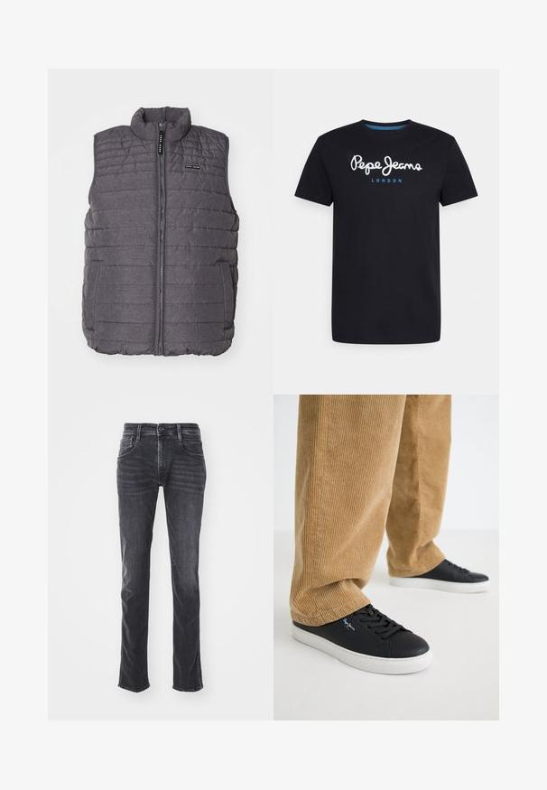 Grå polstret vest med lodret syning, høj krave og lynlås foran. Har to sidelommer og et lille logo på brystet.; Sort bomulds T-shirt med et hvidt skriftskriftlogo "Pepe Jeans" med en blå accent, rund hals og korte ærmer. Enkel, ensfarvet design.; Mørkegrå denim jeans med lige ben design, subtil fading og fem lommer. Har en knap- og lynlås lukning.; Sorte lædersneakers med hvide gummisåler. Båret med tanfarvede corduroybukser med vertikale ribber og en afslappet pasform.