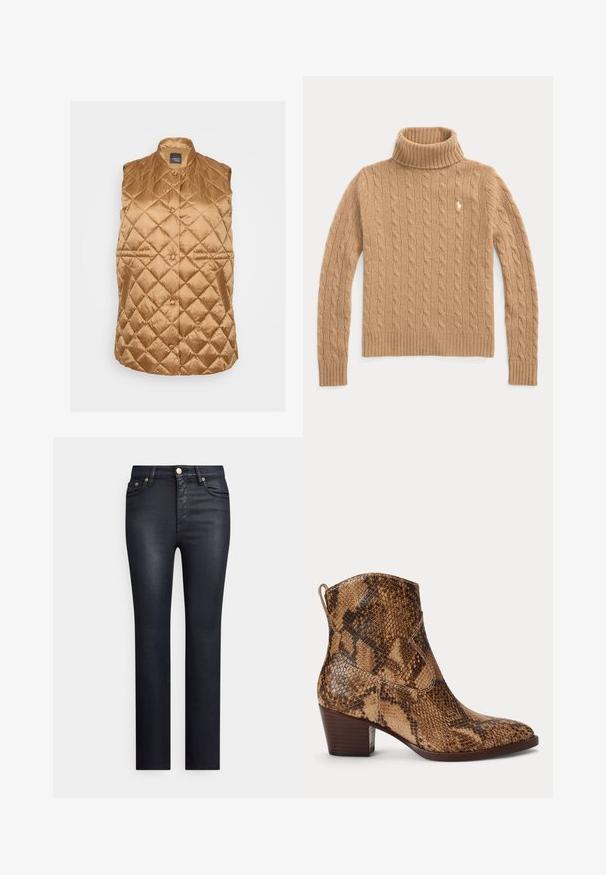 Gepolsterte ärmellose Weste aus goldbraunem, gestepptem Stoff mit Stehkragen, Druckknopfverschluss und Seitentaschen. Glatte, glänzende Textur.; Kamelfarbener, kabelgestrickter Rollkragenpullover mit langen Ärmeln und gerippten Bündchen, mit kleinem besticktem Logo auf der Brust.; Marineblaue Denim-Jeans mit schmaler Passform, ausgestattet mit goldfarbenen Details, fünf Taschen und einer glatten Textur. Klassisches Design mit geraden Beinen.; Brauner Stiefelette mit Schlangenprint, niedrigem Blockabsatz und Zuglasche hinten, vor weißem Hintergrund gezeigt.