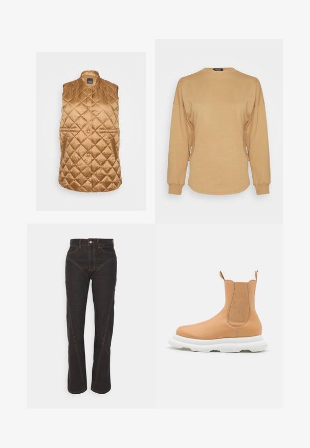 Gepolsterte ärmellose Weste aus goldbraunem, gestepptem Stoff mit Stehkragen, Druckknopfverschluss und Seitentaschen. Glatte, glänzende Textur.; A.W.A.K.E. MODE LONG SLEEVE WITH CUT OUT DETAIL - Langarmshirt - terracotta; Dunkelblaue Jeans mit geradem Schnitt, akzentuiert durch kontrastierende orangefarbene Nähte und ein einzigartiges schräges Nahtdesign.; A.W.A.K.E. MODE CASUAL ARIANA BOOT - Plateaustiefelette - beige/white