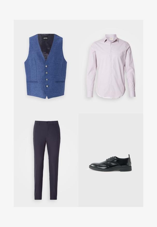 Blå vest med et struktureret stof, slim fit, V-hals, fem frontknapper og to sidelommer. Foret inderside har et diskret mønster.; Lyserød langærmet skjorte med små hvide prikker, knap-ned krave og afrundet kant. Fremstillet af glat stof med en subtil glans.; Marinebukser med lige snit, lavet af et glat stof. Har en knaplukning, sidelommer og et fladt frontdesign.; Blank sort læder dresssko med lav hæl, snørelukning og rund tå, vist fra siden på ensfarvet lys baggrund.