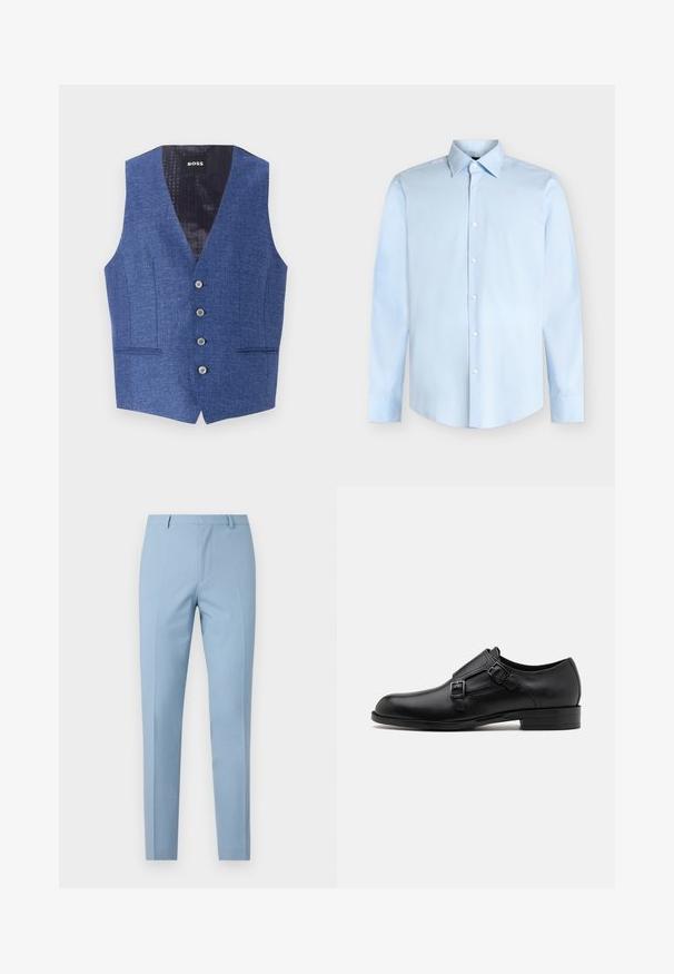 Blå vest med et struktureret stof, slim fit, V-hals, fem frontknapper og to sidelommer. Foret inderside har et diskret mønster.; Lyseblå herreskjorte med lange ærmer, knappelukning foran og spids krave, vist mod en hvid baggrund.; Lysblå skræddersyede bukser med slim fit, glat tekstur, fold foran, tætsiddende talje og bæltesløjfer. Ingen synlige lommer.; Sort læderherresko med dobbelte spænder, slank silhuet og rund tå. Har en lav hæl og glat tekstur.