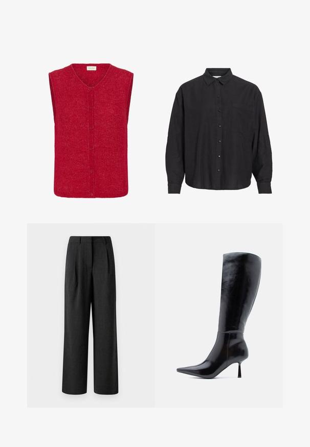 Veste rouge en tricot avec un col en V, sans manches, et six boutons. Présente un tissu texturé et une silhouette droite et carrée.; Chemise noire à manches longues avec boutons, col et une poche poitrine, présentée sur un fond blanc.; Pantalons noirs à jambes larges en tissu texturé, dotés de plis avant et d'une taille ajustée, conçus pour une coupe décontractée.; Bottes noires à talons aiguilles montantes, avec une finition en cuir brillant, un bout pointu et un talon effilé, présentant une surface lisse et un design élégant.