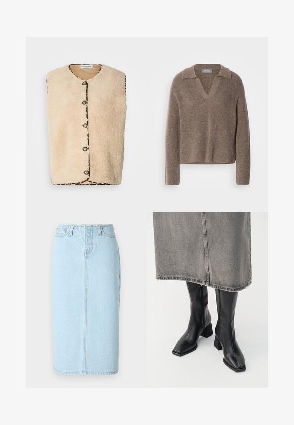 Beige neppelsen vest met een ronde hals, zwarte knoopsluitingen, en een patroonrand met een luipaardprint langs de randen.; Bruine gezellige trui met een V-hals en kraag, met lange mouwen en een zachte, gestructureerde breiwijze. Casual en ontspannen fit.; Lichtblauwe denim kokerrok met een hoge taille, vijf-pocket ontwerp en subtiele stiksels langs de naden.; Zwarte laarzen tot de knie van soepel leer met een vierkante neus en blokhak. Draag ze met een grijze denim rok met een rafelige zoom.