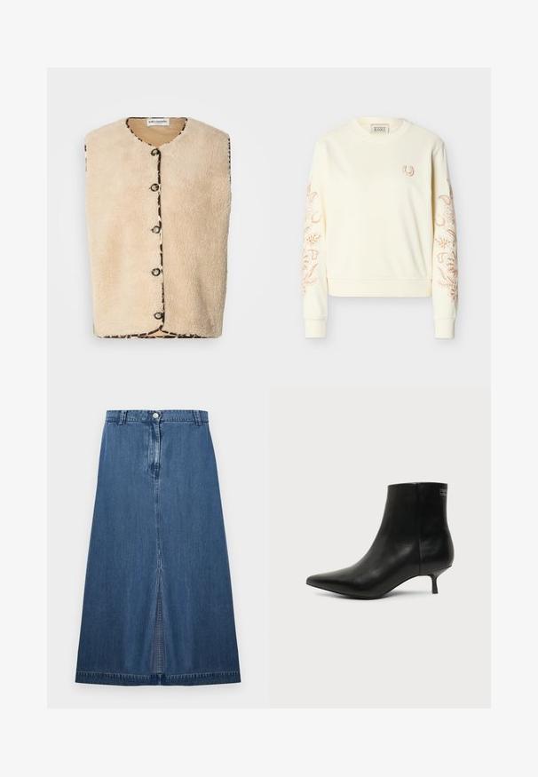 Beige neppelsen vest met een ronde hals, zwarte knoopsluitingen, en een patroonrand met een luipaardprint langs de randen.; Crèmewitte sweatshirt met lange mouwen en ronde hals, met een klein geborduurd hoefijzer op de borst en een ingewikkeld bloemmotief langs beide mouwen.; Donkerblauwe denimrok met een rechte snit en een centrale split aan de zoom. Voorzien van een standaard tailleband en een metalen knoopsluiting.; Zwart leren enkellaars met puntige neus en lage kittenhak op lichte achtergrond, zijaanzicht buitenkant.