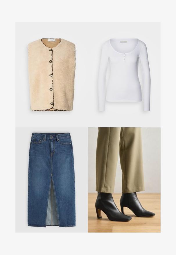 Beige faux fur vest med rund hals, sorte knaplukninger og en mønstret kant med leopardprint langs kanterne.; Hvid langærmet top med bådudskæring, ribbet tekstur og tre sølvknapdetaljer på den forreste stolpe.; Blå denim midinederdel med front central slids, bæltestropper, knaplukning og fem-lomme styling.; Sorte læder ankelstøvler med spids tå, firkantet hæl og en glat overflade, parret med beige skræddersyede bukser.