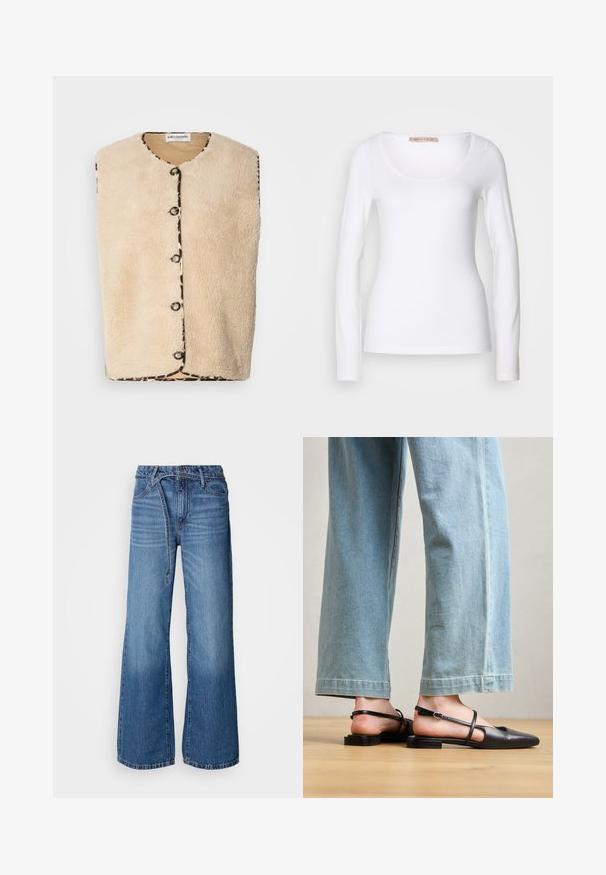 Chaleco de piel sintética beige con cuello redondo, cierres de botones negros y un ribete decorado con un estampado de leopardo en los bordes.; Camiseta de algodón blanca de manga larga con escote redondeado y un diseño ajustado, de textura suave y sin adornos.; Jeans de mezclilla de pierna ancha en un tono azul claro. Presentan una cintura alta, costuras visibles y un cinturón de lazo. Textura desgastada hacia la parte inferior.; Zapatos slingback de cuero negro con punta afilada, tacón plano y tira en el tobillo; llevados con jeans de pierna ancha en azul claro.