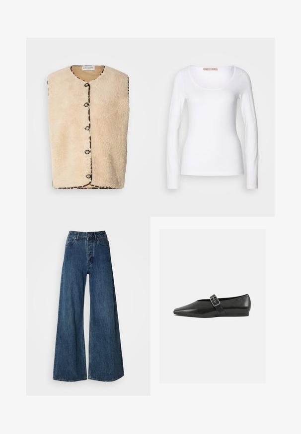 Beige faux fur vest med rund hals, sorte knaplukninger og en mønstret kant med leopardprint langs kanterne.; Langærmet hvid bomulds T-shirt med rund halsudskæring og tætsiddende design, med glat tekstur og uden udsmykninger.; Bredde bukser i denim i mørkeblå, med høj talje, fem-lomme design og kontrasterende syninger. Klassisk, holdbart stof.; Sorte læder flade sko med spidse tæer, prydet med en metallisk spænde over vristen og en lav, fleksibel sål.
