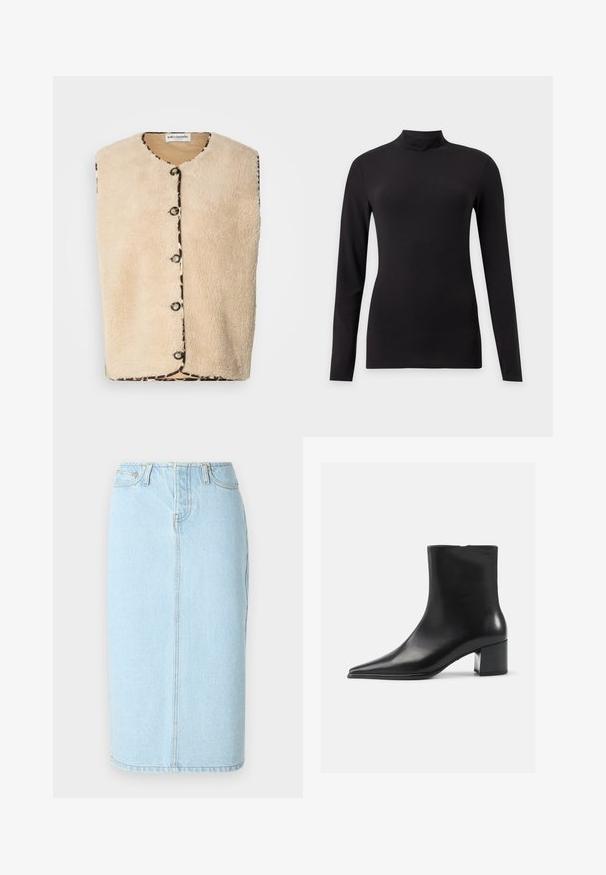 Beige faux fur vest med rund hals, sorte knaplukninger og en mønstret kant med leopardprint langs kanterne.; Sort tætsiddende top med lange ærmer og høj krave, vist på en ensfarvet lys grå baggrund.; Lys blå denim blyantskørt med høj talje, fem lomme-design og subtile syninger langs sømmene.; Sort læder ankelstøvle med spidse tæer, glat tekstur og mellemhøj blokhæl. Minimalistisk design, lynlås lukning bagpå.