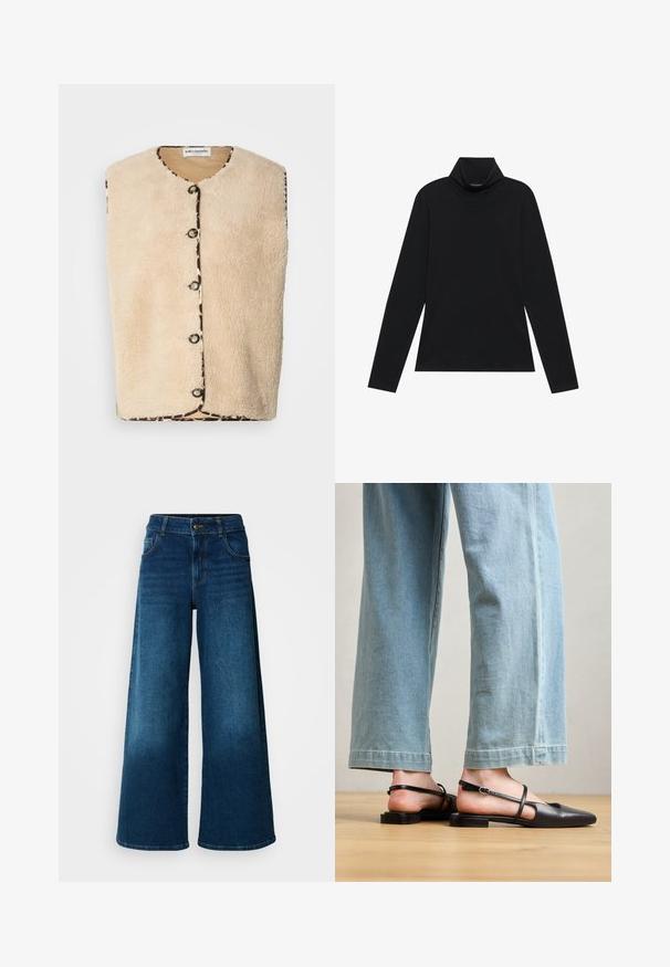 Beige neppelsen vest met een ronde hals, zwarte knoopsluitingen, en een patroonrand met een luipaardprint langs de randen.; Zwarte langetermijn turtleneck. Zachte stof, getailleerd design, hoge kraag en zijnaad. Eenvoudige en veelzijdige stijl die geschikt is voor het laagjes dragen.; Wijde jeans van donkerblauwe denim. Heeft een hoge taille, knoopsluiting en klassiek vijf-vakken ontwerp met subtiele vervaging.; Zwarte leren slingback schoenen met een spitse neus, platte hak en enkelband; gedragen met lichtblauwe wijde jeans.