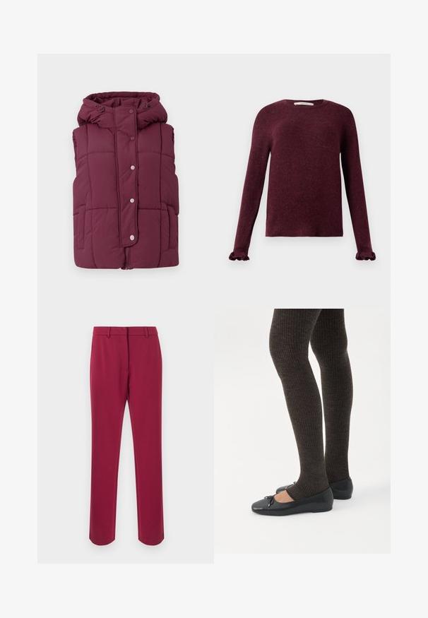 JDY JDYWONDER SHORT HOOD - Vesta - fig; Dlhý rukáv vínovej pletenej svetra s riasenými manžetami a okrúhlym výstrihom na jednofarebnom pozadí.; Vínové nohavice z hladkej látky so štýlom priamy strih, vybavené pásom, pútkami na opasok a bočnými vreckami. Žiadne ozdobné detaily.; Nohy v tmavých pásikavých legínach v kombinácii s čiernymi balerínkami s malými mašličkami na bielom pozadí.