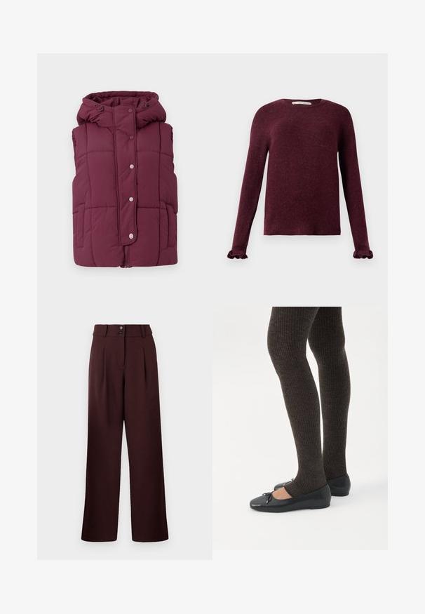 JDY JDYWONDER SHORT HOOD - Vest - fig; Langærmet burgunder striktrøje med flæsemanchetter og rund halsudskæring på en ensfarvet baggrund.; Bredde ben bukser i mørk burgunder med høj talje, to frontfolder og to-knaps lukning. Lavet af tekstureret stof.; Ben iført mørke ribbede leggings kombineret med sorte balletsko med små sløjfedetaljer på hvid baggrund.
