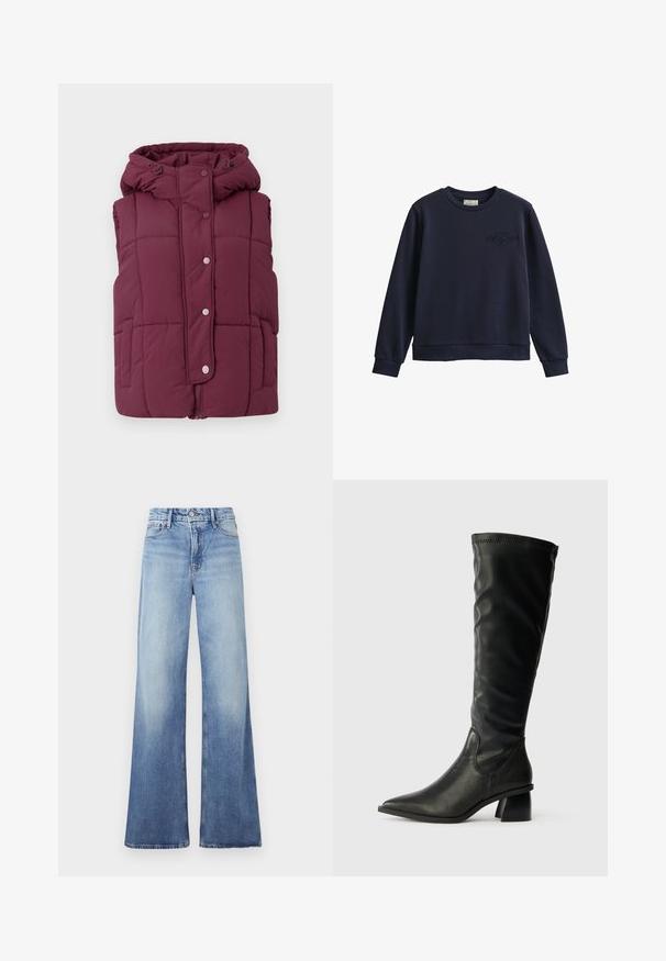 JDY JDYWONDER SHORT HOOD - Bodywarmer - fig; Marineblauwe lange-mouwen sweater met ronde hals, geribde boorden en zoom, met een geborduurd logo op de linkerborst.; Good American SKATE - Wide leg - indigo; Zwarte leren kniehoge laars met een puntige neus, gestructureerde bovenkant en een dikke blokhak. Heeft elastische zijkanten voor eenvoudig aan- en uittrekken.