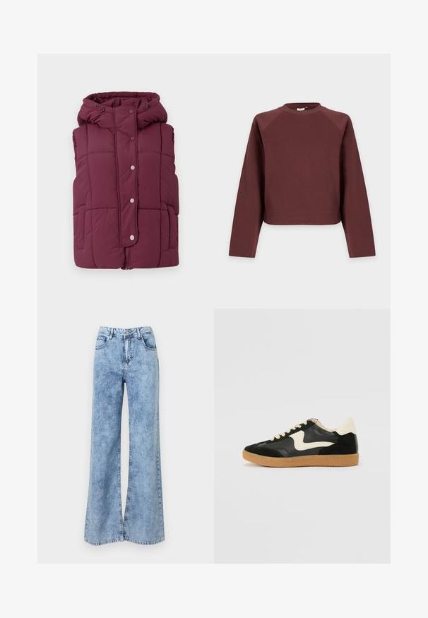JDY JDYWONDER SHORT HOOD - Vesta - fig; Mikina s dlhým rukávom, okrúhlym výstrihom, jednofarebná hnedá vo voľnom strihu, zobrazená na svetlosivom pozadí.; Svetlomodré džínsové nohavice s vysokým pásom a širokými nohavicami, s predným zapínaním na gombík a zips, vybavené dvoma prednými vreckami a pútkami na opasok.; Čierne semišové a kožené tenisky s krémovým bočným prešívaním a svetlo krémovou pätou. Obsahujú béžové šnúrky a podošvu z gumeného kaučuku.