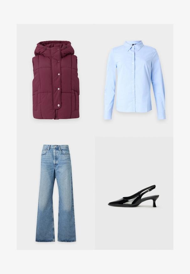 JDY JDYWONDER SHORT HOOD - Liivi - fig; Vaaleansininen pitkähihainen nappipaita, jossa on hienovaraiset valkoiset kapeat raidat ja terävä kaulus, esillä yksivärisellä taustalla.; Vaaleansiniset farkut korkealla vyötäröllä ja leveillä lahkeilla, joissa edessä taskut, vöiden lenkit ja napillinen suljenta.; Musta lakatut slingback-kengät, joissa on kärkikärki ja matala lohkokanta. Säädettävä solki nilkassa.