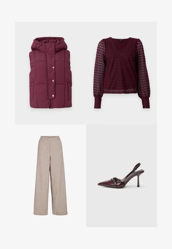 JDY JDYWONDER SHORT HOOD - Vesta - fig; Dlhý rukáv bordového čipkovaného blúzka s výstrihom do V, nadýchanými priesvitnými rukávmi a textúrovaným geometrickým vzorom na tele a rukávoch.; Béžové široké nohavice vyrobené z ľahkej tkaniny. Majú hladký povrch, priliehavý pás a bočné vrecká pre praktické detaily.; Bordové lodičky zo lesklej koženky so špičatou špičkou, tenkým remienkom na členku a malou dekoratívnou prackou. Hladká textúra a vysoký opätok.