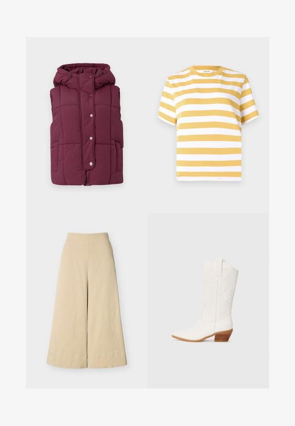 JDY JDYWONDER SHORT HOOD - Bodywarmer - fig; Geel-wit gestreept T-shirt met korte mouwen en een ronde hals, gemaakt van zachte stof. Rechte snit zonder opvallende accenten of patronen.; Beige broek met hoge taille en brede pijpen, met een gladde textuur en gestikte zomen, getoond tegen een effen lichte achtergrond.; Witte westerse enkellaarsjes met een spitse neus, textuurstof, geborduurd ontwerp en een gestapelde houten hak.